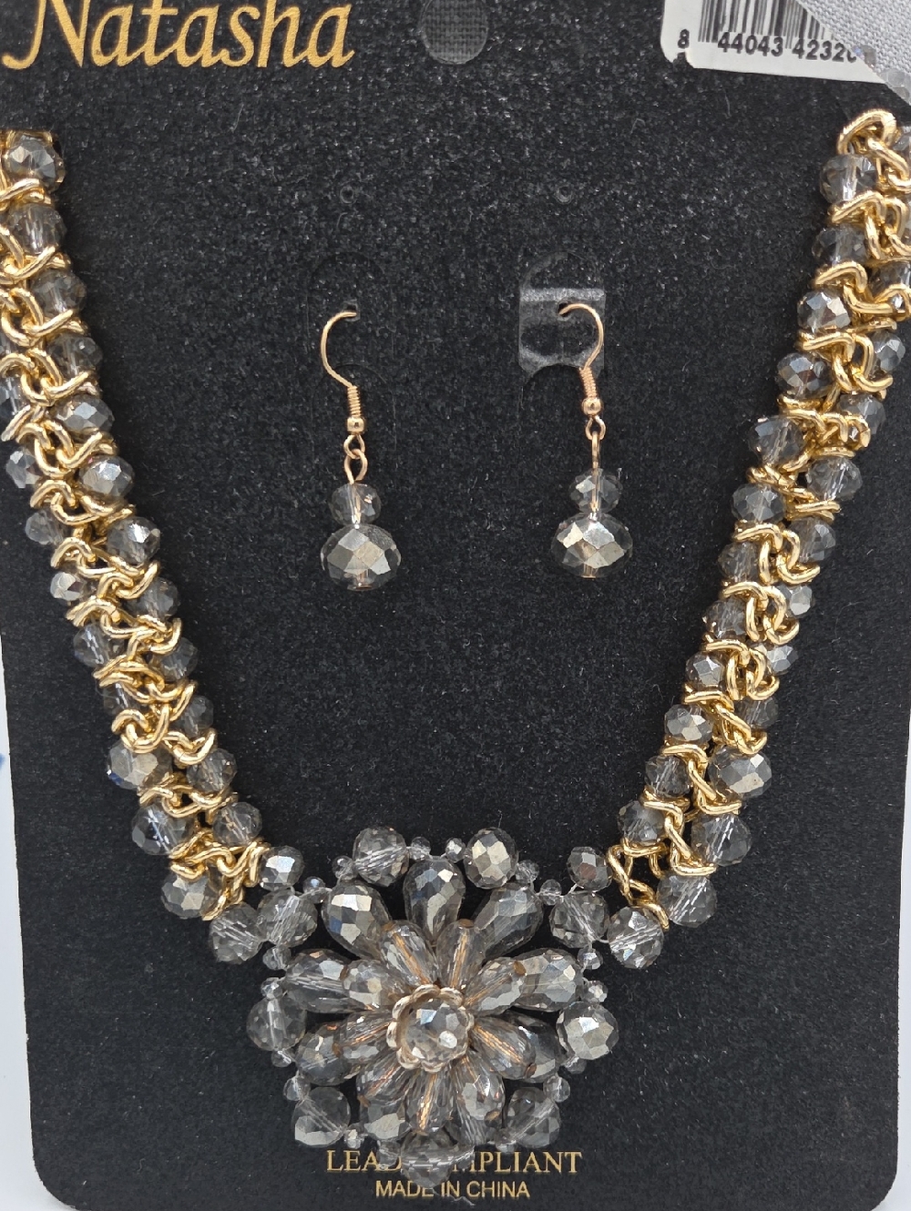 5 for $25! Natasha Couture Gold Tone Gray Floral Crystal Necklace and Earrings